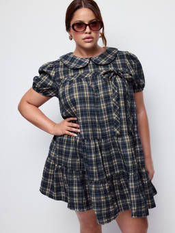 Cider - Jacquard Checks Women's Peter Pan Collar Puff Sleeve Mini Dress Blue
