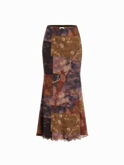 Cider - Mesh Women's Floral Mid-Rise Mermaid Maxi Skirt Brown