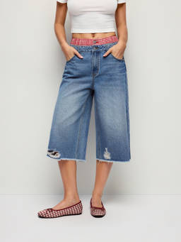 Cider - Gingham Colorblock Women’s Mid-Rise Distressed Denim Shorts Indigo