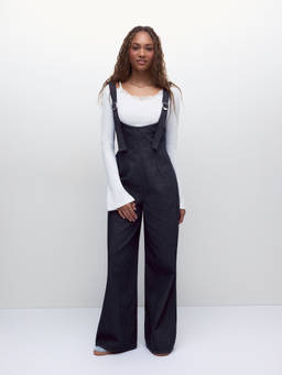 Cider - Washed Denim Women Ruched Buckle Wide-Leg Jumpsuit Navy Blue
