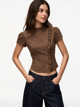 Cider - Cotton Women's Ruffled Puff Sleeve Crop Blouse Brown