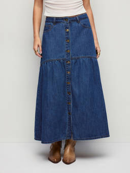 Cider - Metal Detail Women's Mid-Rise Flared Maxi Skirt Navy Blue