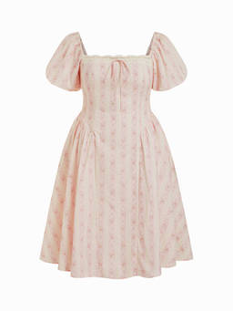 Cider - Cotton Women's Floral Puff Sleeve Lace Trim Maxi Dress Pink