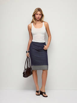 Cider - Stretch Denim Women Mid-Rise Contrast Cuffed Bodycon Midi Skirt Navy Blue