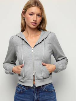 Cider - Cotton-Blend Terry Women's Ruched Lantern Sleeve Zip-Up Hoodie Grey