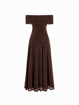 Cider - Metallic Mesh Women Off-Shoulder Draped Bodycon Maxi Dress Brown