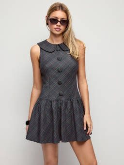 Cider - Tartan Women’s Peter Pan Collar Pleated Mini Dress Grey
