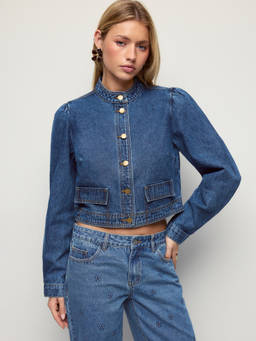 Cider - Washed Metal Detail Women’s Oversized Denim Jacket Navy Blue