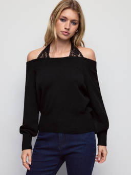 Cider - Knit Women's Lace Panel Halter Neck Sweater Top Black