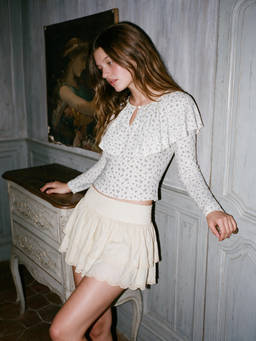 Cider - Cotton-Blend Women Ditsy Floral Ruffled Long Sleeve Top White
