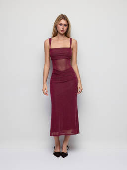 Cider - Metallic Mesh Women’s Ruched Square Neck Bodycon Midi Dress Wine