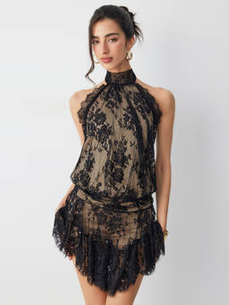 Cider - Lace Floral Women's Halter Neck Asymmetrical Mini Dress Black