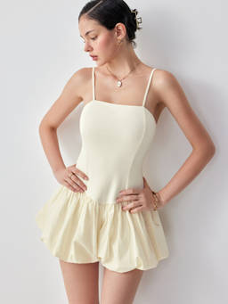 Cider - Cotton-Blend Women’s Square Neck Bubble Hem Mini Dress White