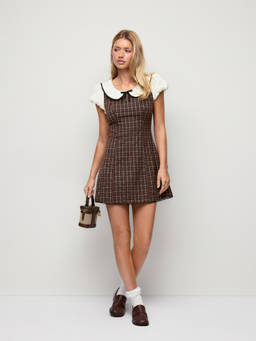 Cider - Plaid Women's Peter Pan Collar Puff Sleeve A-Line Mini Dress Brown