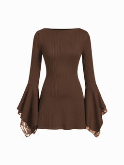 Cider - Textured Women's Boat Neck Bell Sleeve A-Line Mini Dress Brown
