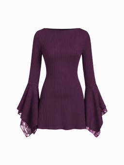 Cider - Textured Women's Boat Neck Bell Sleeve A-Line Mini Dress Purple