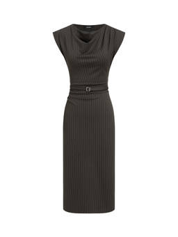Cider - Striped Women’s Cowl Neck Belted Ruched Midi Dress Coffee