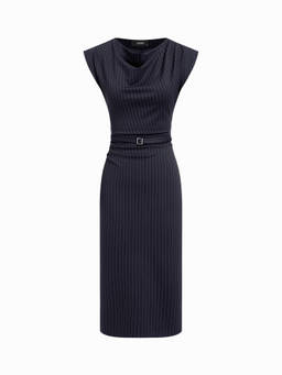 Cider - Striped Women's Cowl Neck Belted Ruched Midi Dress Navy Blue