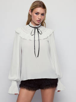 Cider - Chiffon Women's Ruffled Lace Tie-Up Neck Blouse White