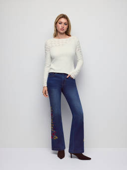 Cider - Stretch Denim Women's Mid-Rise Floral Embroidered Flared Jeans Navy Blue