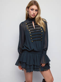 Cider - Chiffon Women's Ruffled Stand Collar Tiered Mini Dress Navy Blue