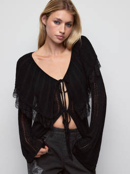 Cider - Pointelle Women's V-Neck Tie-Up Bell Sleeve Cardigan Black