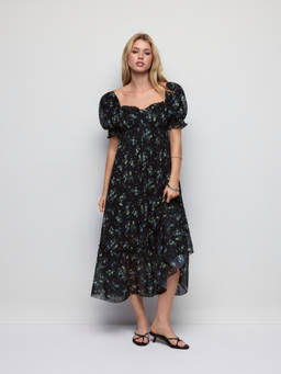 Cider - Chiffon Women's Floral Sweetheart Puff Sleeve Maxi Dress Black