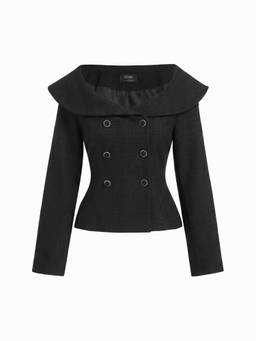 Cider - Tweed Metal Detail Women Double-Breasted Slim Blazer Black