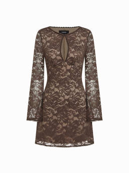 Cider - Lace Women's Cut-Out Boat Neck A-Line Mini Dress Brown