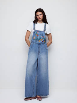 Cider - Stretch Denim Women’s Floral Embroidered Wide-Leg Dungarees Blue