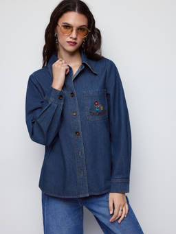 Cider - Denim Women's Embroidered Oversized Shirt Navy Blue