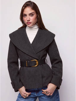 Cider - Wool-Look Women's Herringbone Belted Peplum Blazer Black