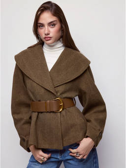 Cider - Wool-Look Women's Herringbone Belted Peplum Blazer Brown