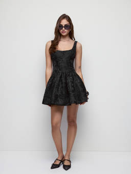 Cider - Jacquard Floral Women’s Scoop Neck A-Line Mini Dress Black