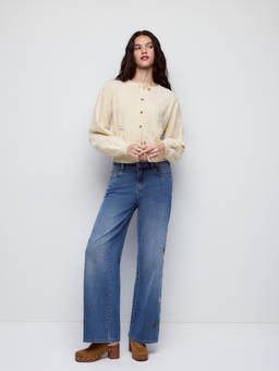 Cider - Floral Embroidered Women High-Waist Wide-Leg Jeans Blue