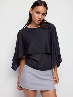 Cider - Knit Women's Oversized Boat Neck Cape Sleeve Top Navy Blue