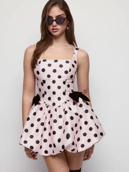 Cider - Polka Dot Women's Square Neck Bow Bubble Hem Mini Dress Pink