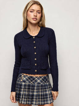 Cider - Cable Knit Women's Button-Up Scalloped Hem Cardigan Navy Blue