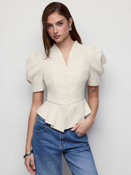 Cider - V-Neck Women's Puff Sleeve Peplum Button-Through Blouse Beige