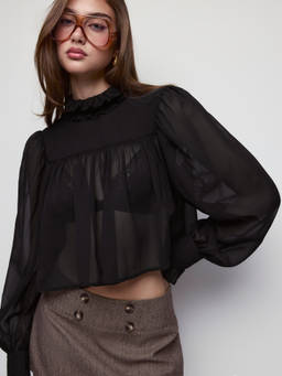 Cider - Chiffon Women's Frilled High Neck Lantern Sleeve Blouse Black