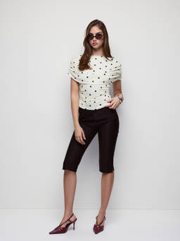Cider - High Stretch Women's Polka Dot Boat Neck Ruched Top White