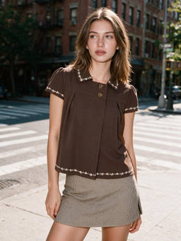 Cider - Floral Embroidered Women’s Puff Sleeve Blouse Brown