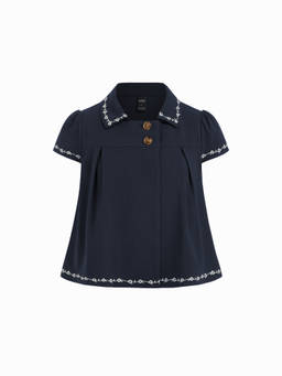 Cider - Floral Embroidered Women's Puff Sleeve Blouse Navy Blue