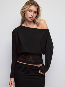 Cider - Women's Asymmetrical Neck Dolman Sleeve Lace Trim Crop Top Black