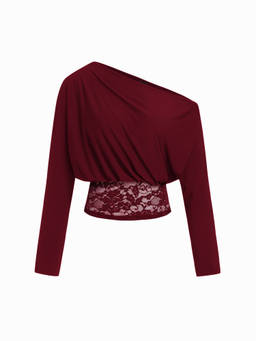 Cider - Asymmetrical Neck Women's Dolman Sleeve Lace Trim Crop Top Wine