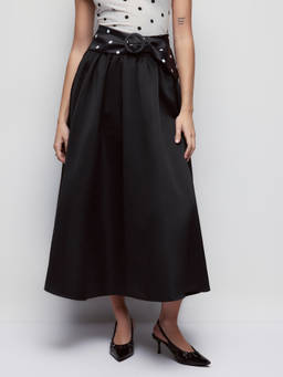 Cider - Voluminous Women’s Polka Dot Belt Mid-Rise Maxi Skirt Black