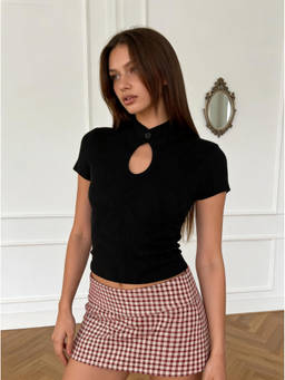 Cider - Knit Textured Women Cut-Out Slim Top Black