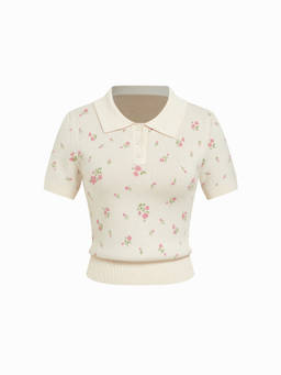 Cider - Knit Ditsy Women's Floral Polo Neck Crop Top White
