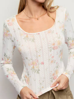 Cider - Pointelle Women Floral Scoop Neck Long Sleeve Top White