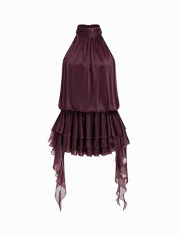 Cider - Glitter Mesh Women’s Halter Neck Ruffled Mini Dress Purple